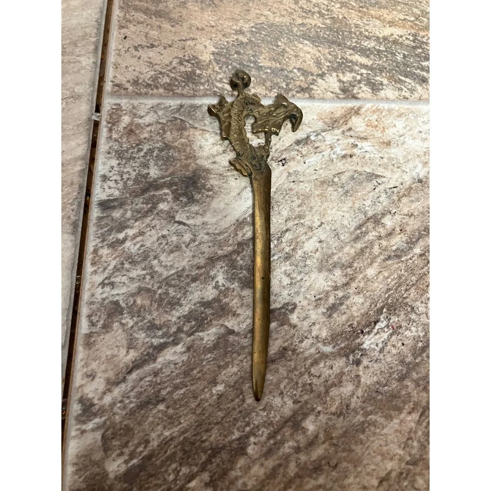 Vintage Brass Dragon Letter Opener Antique Gold Metal Desk Accessory 6.75 Inch